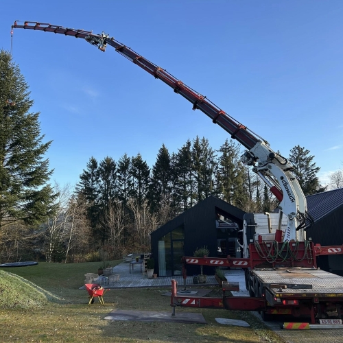 Krankørsel ved grantræ med udstrakt kranarm.